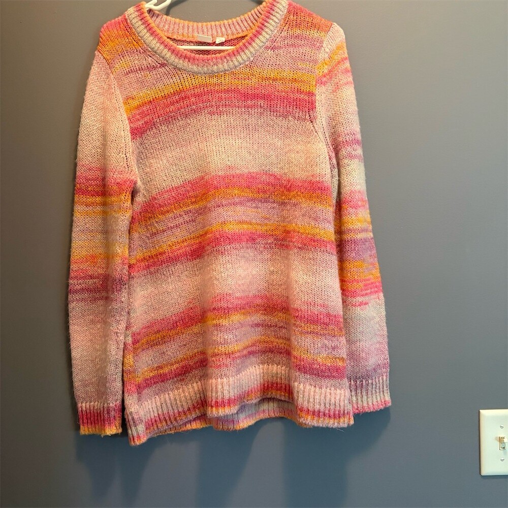 GAP Sweater Womens Size M Pink Orange Purple Ombre Stripe Crewneck Tunic